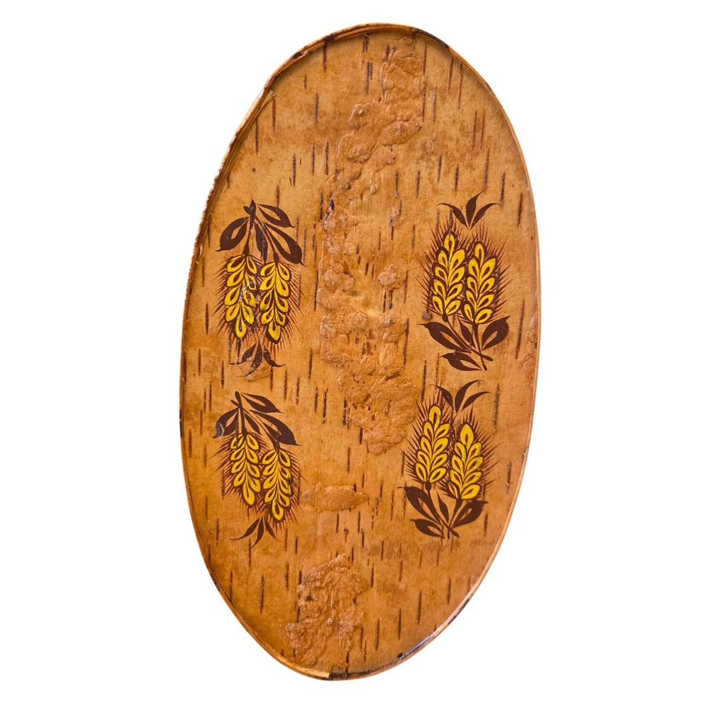 Handmade‎ Birch Bark Tray Russian Folk Art 13.5" Tan Wheat Painted Vintage RSFSR